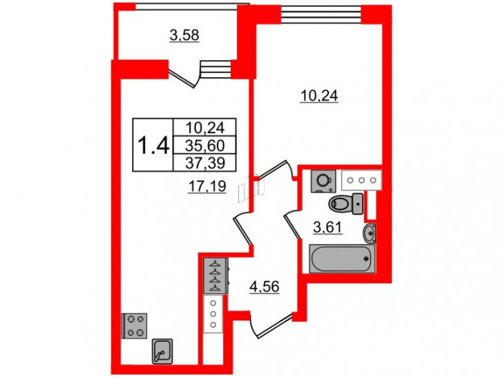 Однокомнатная квартира 35.6 м²