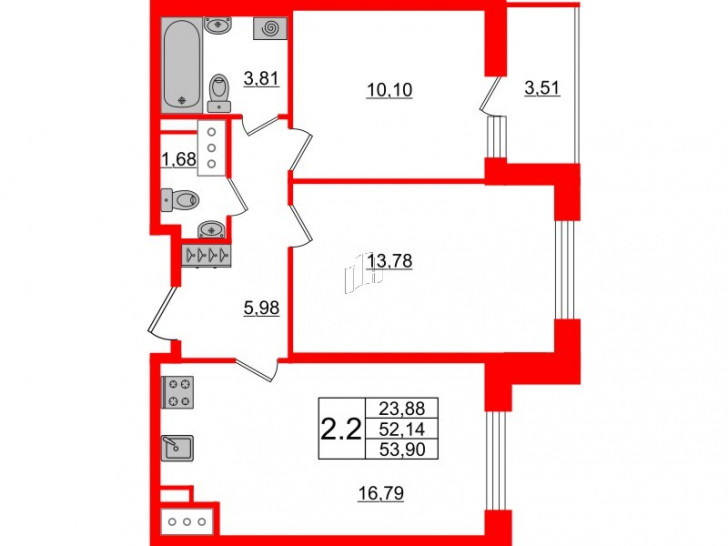 Двухкомнатная квартира 52.14 м²