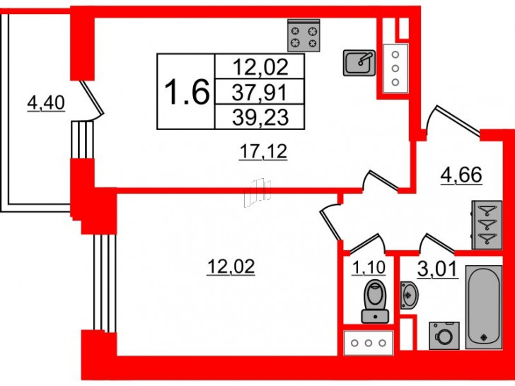 Однокомнатная квартира 37.91 м²