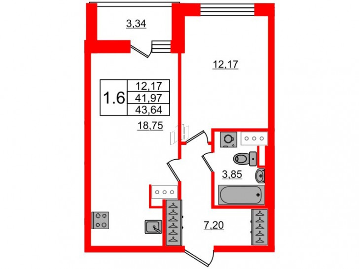Однокомнатная квартира 41.97 м²