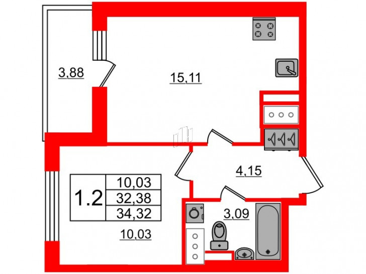 Однокомнатная квартира 32.38 м²