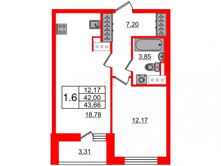 Однокомнатная квартира 42 м²