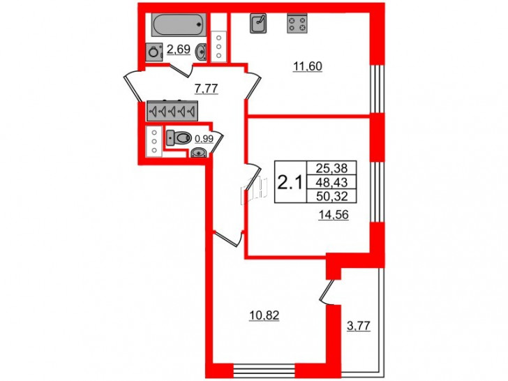 Двухкомнатная квартира 48.43 м²